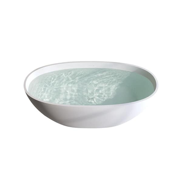H2O Oval 59 in. x 30.7 in. Solid Surface Freestanding Soaking Bathtub with Center Drain in Matte White