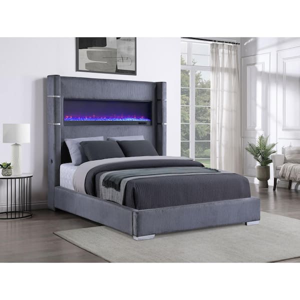 Tisdall Gray Wood Frame Upholstered California King Panel Bed with Fireplace and Wingback Headboard