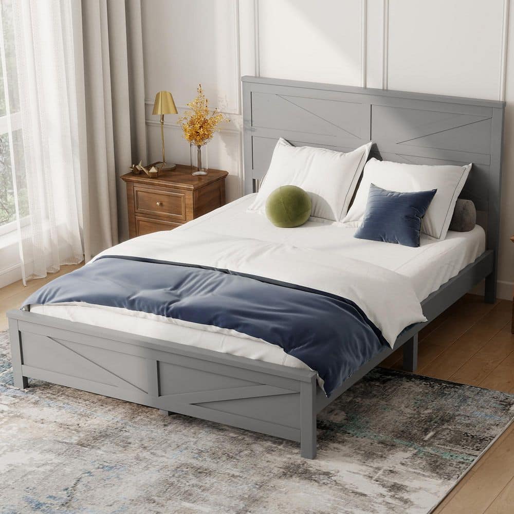 Farmhouse Style Gray Wood Frame Queen Size Platform Bed with Barn Door Designed Headboard and Footboard, Support Legs price history on PriceWatchPro