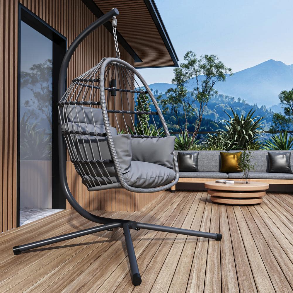 Foldable 1-Person Black Metal Patio Swing with Stand and Grey Cushion