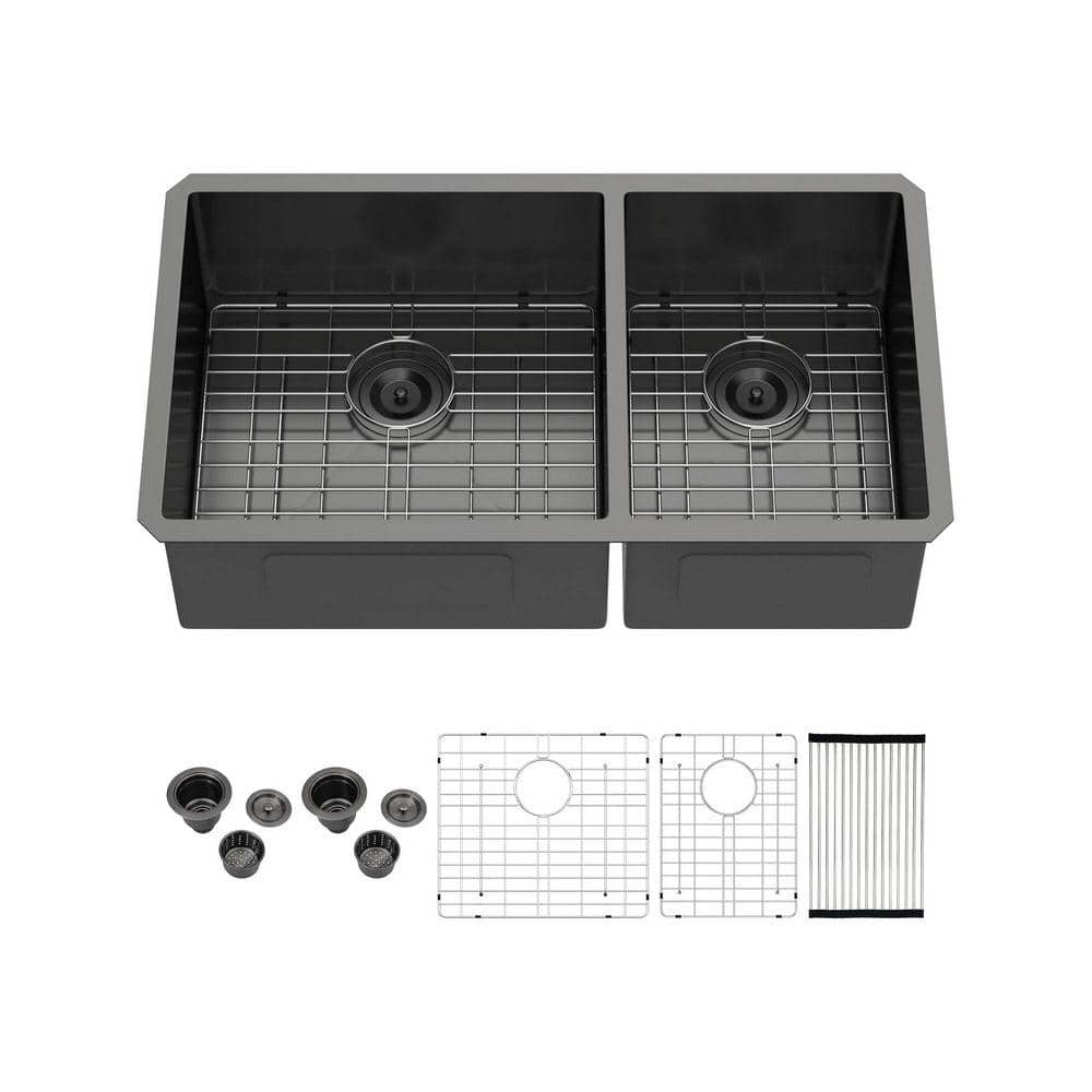 Logmey 33 in. Black Undermount Sink Double Bowl 60/40 16-Gauge