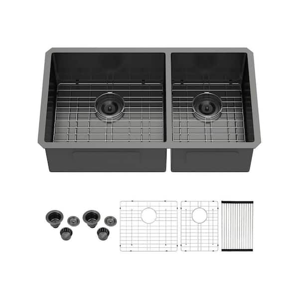 33 in. Black Undermount Sink Double Bowl 60/40 16-Gauge Stainless Steel Kitchen Sink with Nano Coating