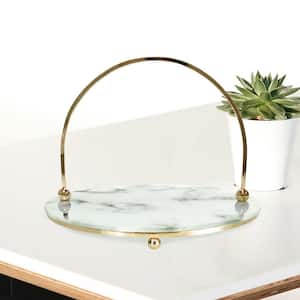 Round Marble Look Glass White Decorative Tray with Gold Handles 12 in.