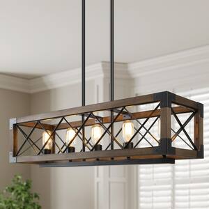Wood Kitchen Chandelier 5-Light Linear Farmhouse Black Island Dining Room Chandelier Pendant with Rustic Rectangle Frame