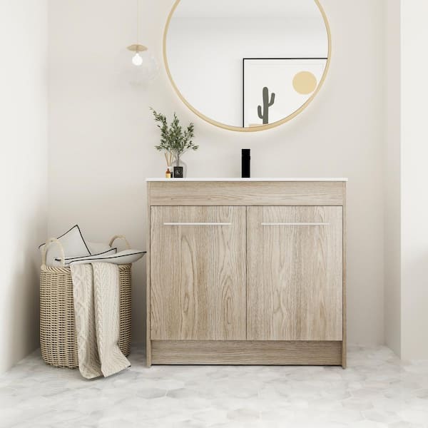 Unbranded 36 in. W x 18 in. D x 34 in. H Freestanding Bath Vanity in White Oak with White Culture Marble Top