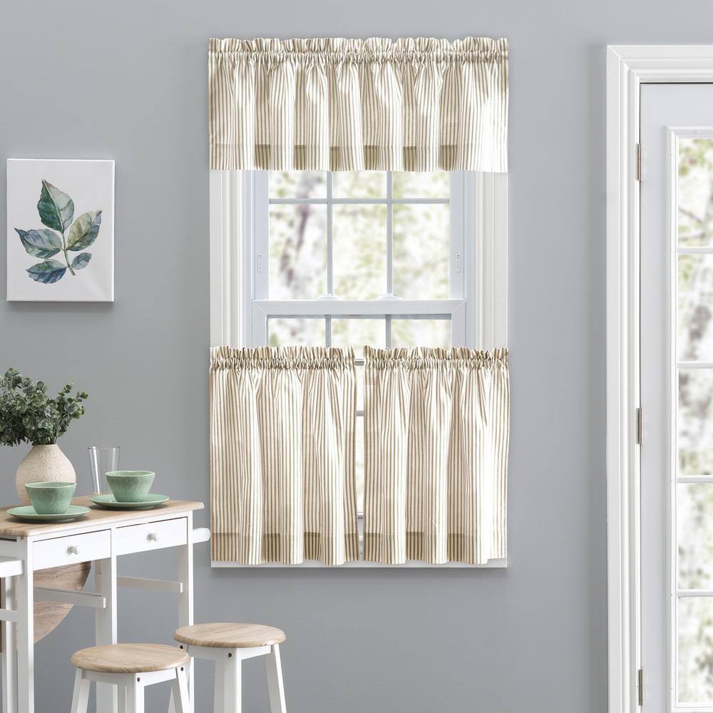 Tan Cotton Polyester Striped Rod Pocket Window Curtain