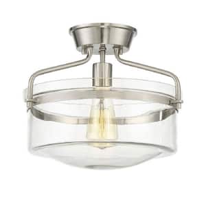 13.25 in. W x 11 in. H 1-Light Brushed Nickel Semi-Flush Mount Ceiling Light with Clear Glass Shade