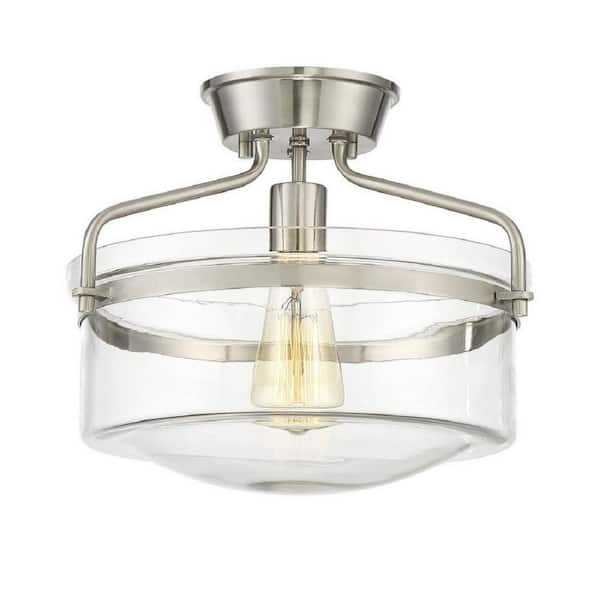 TUXEDO PARK LIGHTING 13.25 in. W x 11 in. H 1-Light Brushed Nickel Semi-Flush Mount Ceiling Light with Clear Glass Shade