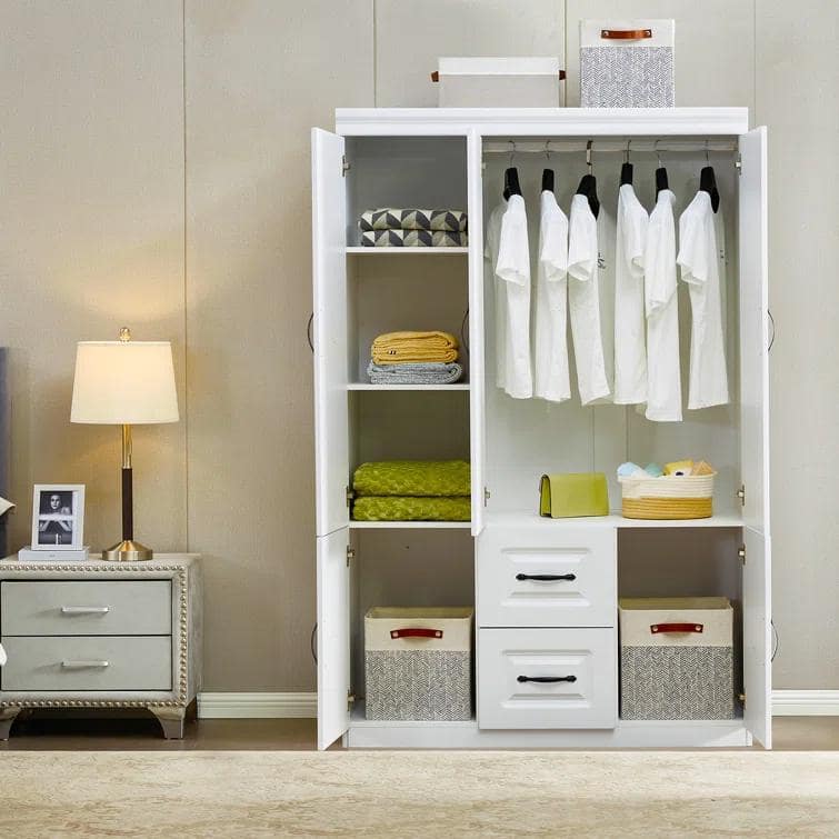 Keloyid White Wood Armoire with Drawers and Shelves