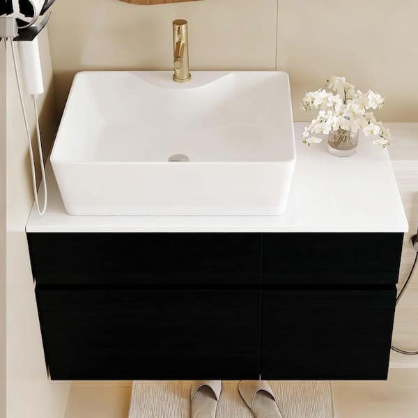 Bezeit 31.5 in. Single Sink Wall Mounted Black Bath Vanity with White Solid Wood Top and Ceramic Vessel Sink Requires Assembly​