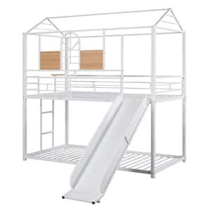 Twin Over Twin Metal Bunk Bed with Slide, Floor House Bed Frame with Ladder for Kids, Teens, White