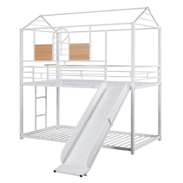 URTR Twin Over Twin Metal Bunk Bed with Slide, Floor House Bed Frame with Ladder for Kids, Teens, White