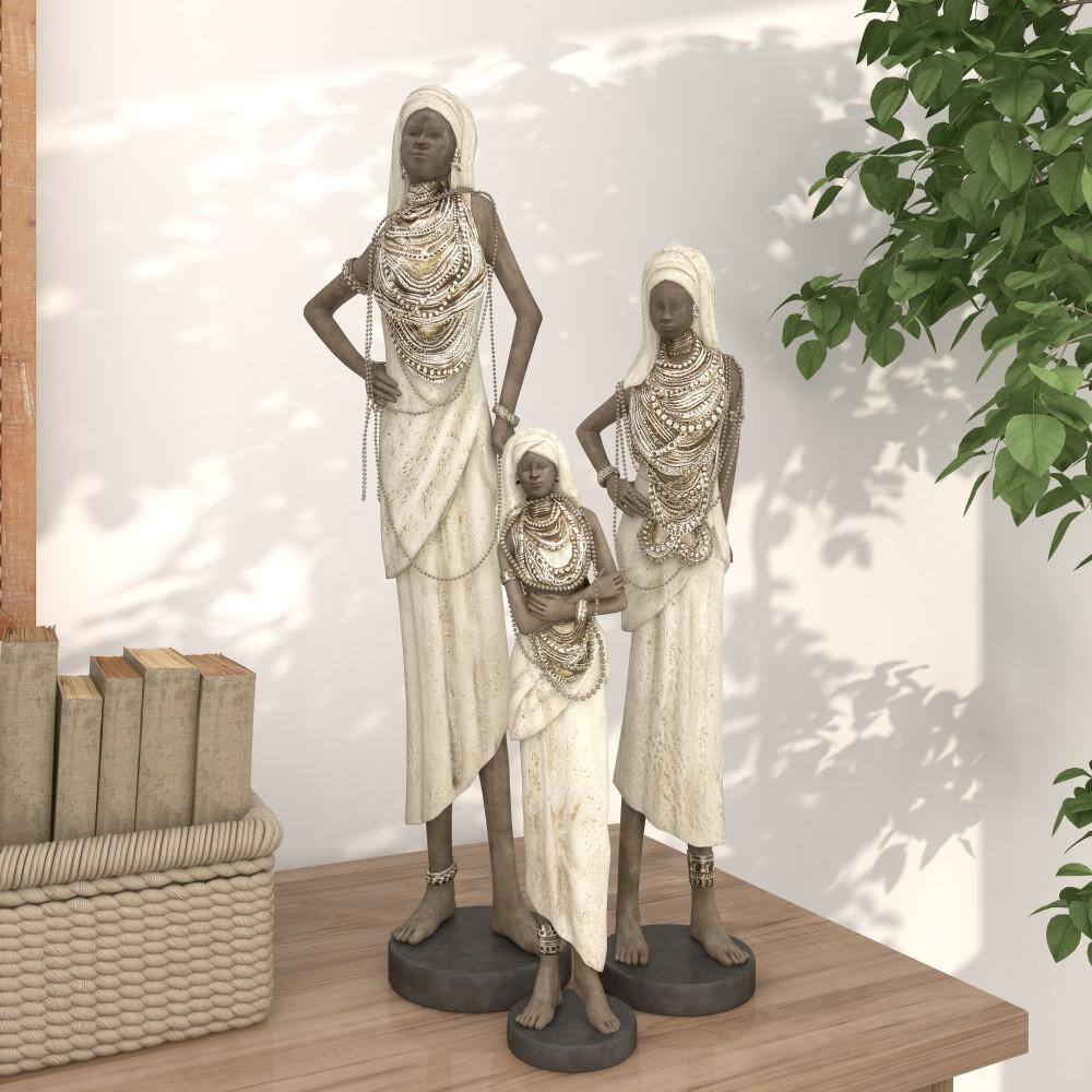 Elegant Trio of Polystone African Woman Sculptures in White