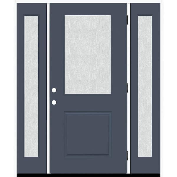 Steves & Sons Legacy 68 in. x 80 in. 1/2 Lite Rain Glass LHOS Primed Dark Denim Finish Fiberglass Prehung Front Door w/Dbl 14 in. SL