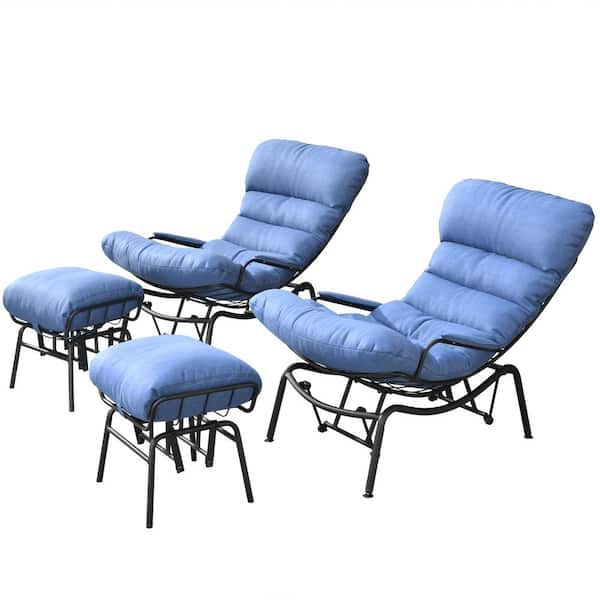 OVIOS Beauty 4-Piece Metal Outdoor Patio Outdoor Rocking Chair with Diomand Blue Cushions