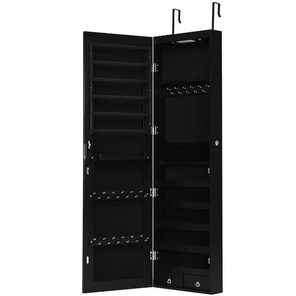 Costway Black Mirrored Wall Jewelry Cabinet with LED Lights