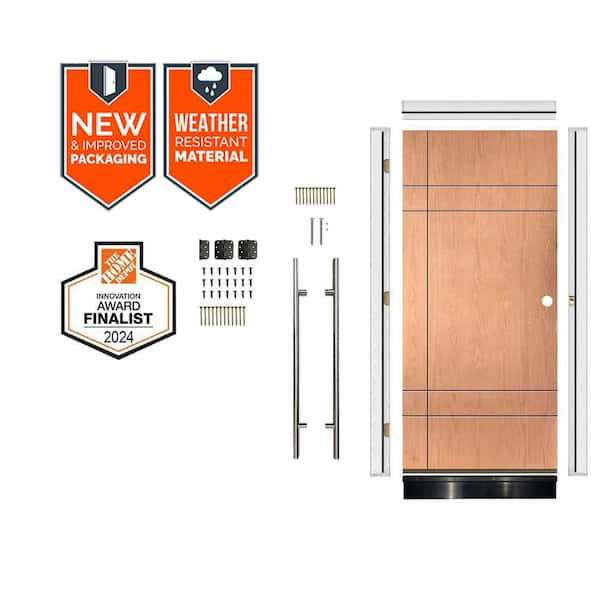 DIY Faux Pivot 36 in. x 79 in. Left-Hand 10-Grid Teak Stain Fiberglass Front Door Kit w/ Quick Assemble Jamb