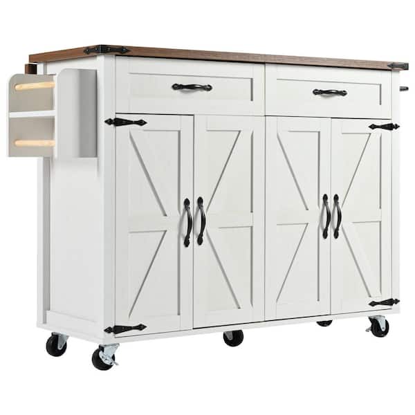 Cesicia White Farmhouse Wood 53.5 in. Kitchen Island on 5 Wheels with Drop Leaf, Power Outlet and Spice Rack