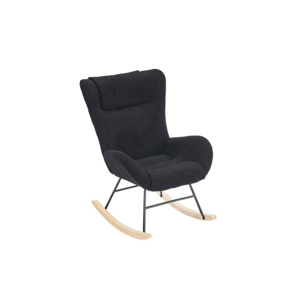 Black Modern Wood Outdoor Rocking Chair with Teddy Fabric Upholstered, Soli