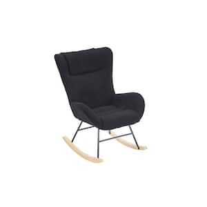 Black Modern Wood Outdoor Rocking Chair with Teddy Fabric Upholstered, Solid Wood Legs