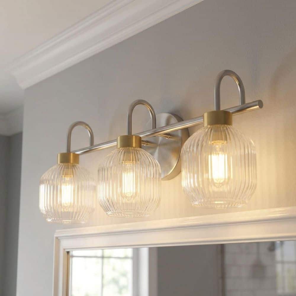 Keats 22-inch 3-light Brushed Nickel and Antique Brass Vanity Light with Clear Ribbed Glass Shades price history on PriceWatchPro
