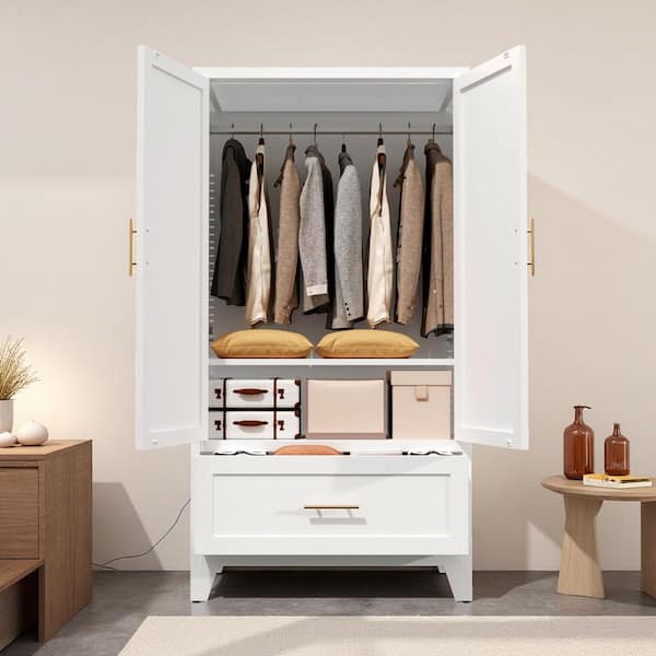 Zachary White Tall Metal 60.2 in. Wardrobe Cabinet with 1 Drawer and Hanging Rod
