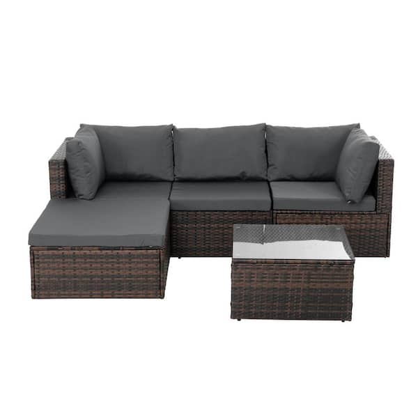 Unbranded 5-Pieces Wicker Patio Conversation Set, Outdoor Furniture with Tempered Glass Coffee Table and Gray Cushions