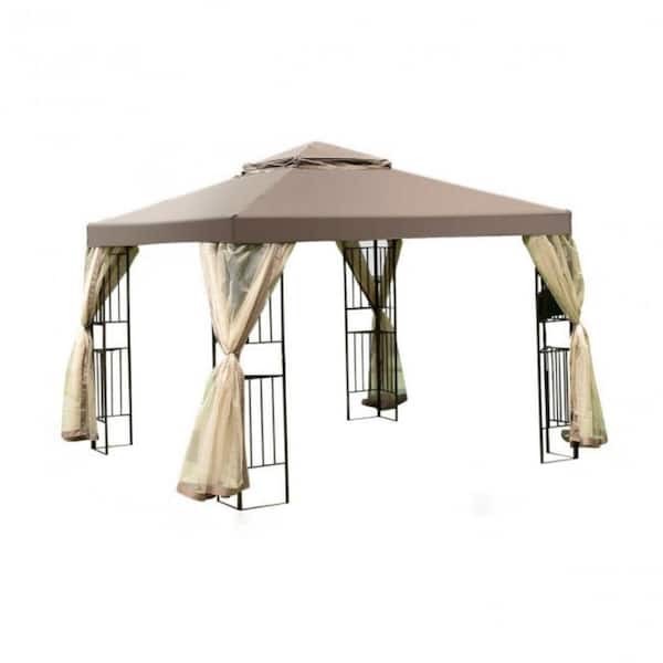 Alpulon 10 ft. x 10 ft. Brown 2 Tier Outdoor Patio Vented Metal Screw-Free Structure Canopy Tent with Mosquito Netting