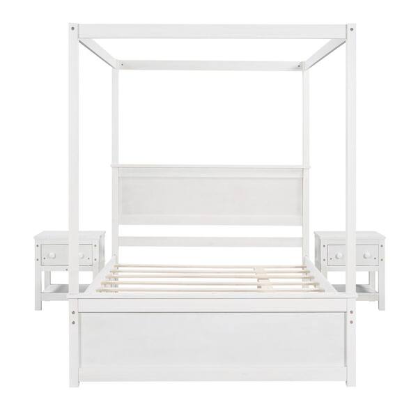 ATHMILE White Full Size Wood Canopy Bed with Trundle Bed and Two Nightstands