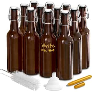12-Pack 16 oz. Brown Glass Beer Bottles with Swing Top Stoppers, Bottle Brush, Funnel, and Gold Glass Marker