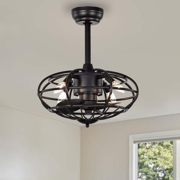 Keazile 18 in. Indoor Matte Black Cage Ceiling Fan with Lights, Remote Control and Reversible Motor for Living Room, Bedroom