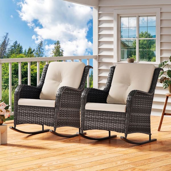 Wicker Outdoor Rocking Chair Patio with Beige Cushion (2-Pack)