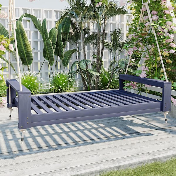 2 Person Seating Acacia Wood Porch Swing, Outdoor Porch Swing Bed with Hemp Ropes for Garden Backyard, Gray