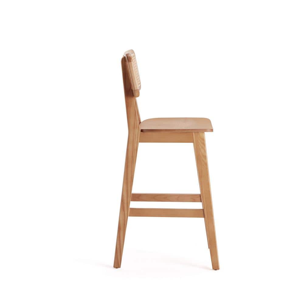 Set of 3 Natural Ash Wood and Cane Counter Stools