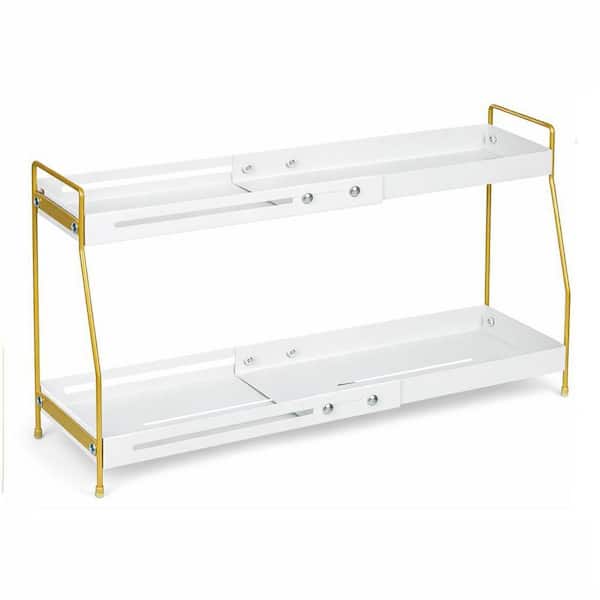 White Gold Expandable Metal 2 Tier Spice Rack Drawer Organizer with Rust-Proof Finish and Draining Tray