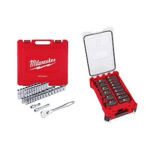 1/2 in. Drive SAE/Metric Ratchet & Socket Tool Set & 1/2 in. Drive SAE Deep Well PACKOUT Impact Socket Set (62-Piece)