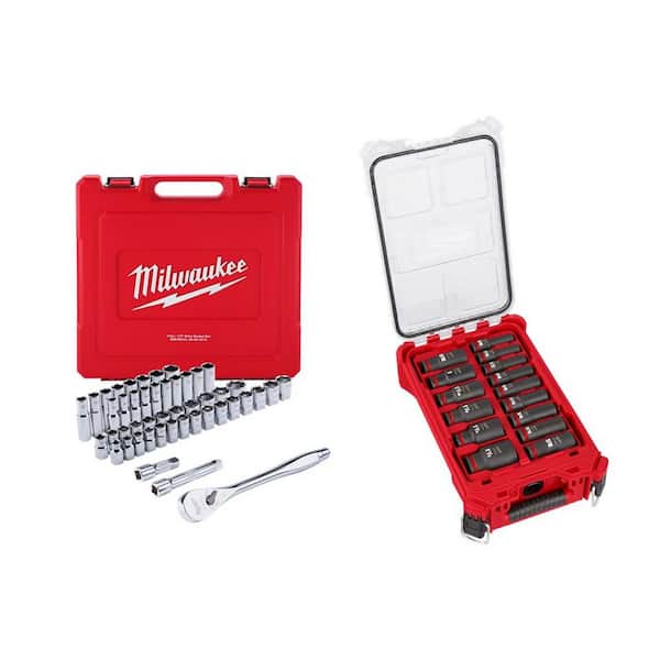 Milwaukee 1/2 in. Drive SAE/Metric Ratchet & Socket Tool Set & 1/2 in. Drive SAE Deep Well PACKOUT Impact Socket Set (62-Piece)