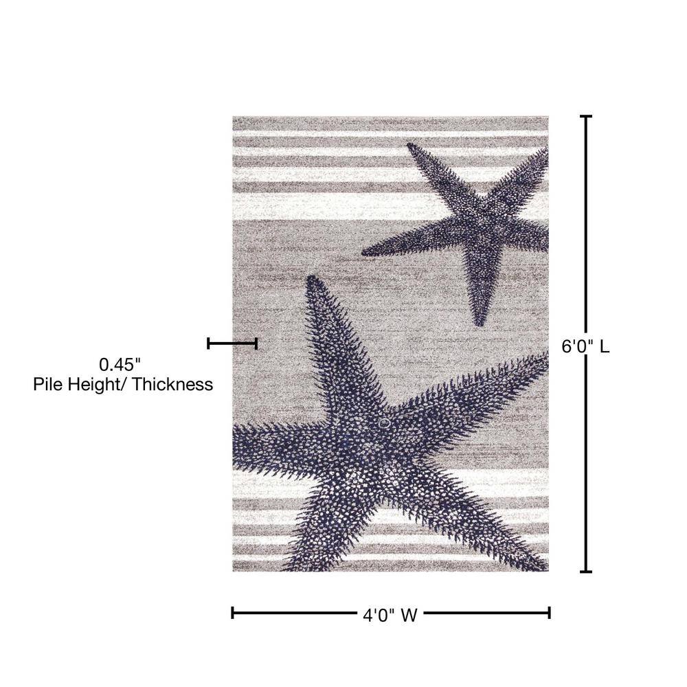 Coastal Charm Gray Stripe and Starfish 49" Wool-Blend Area Rug