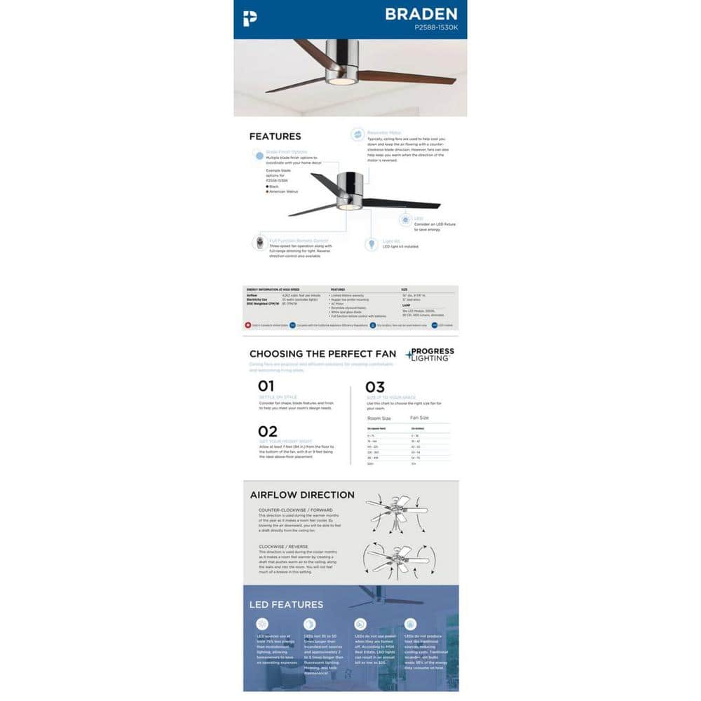 Braden 56'' Polished Chrome 3-Blade Hugger Ceiling Fan with LED Light