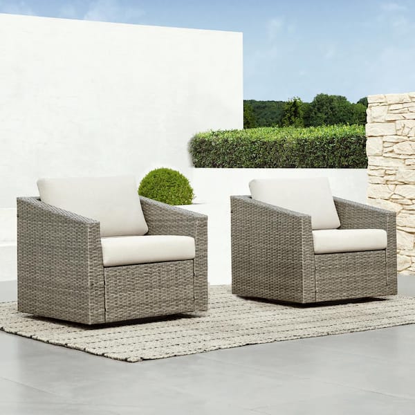 Spruce & Spring Cyril Grey Fabric 360-Degree Swivel Wicker Arm Chair with Beige Cushions Accent Chair for Outdoor and Indoor (Set of 2)