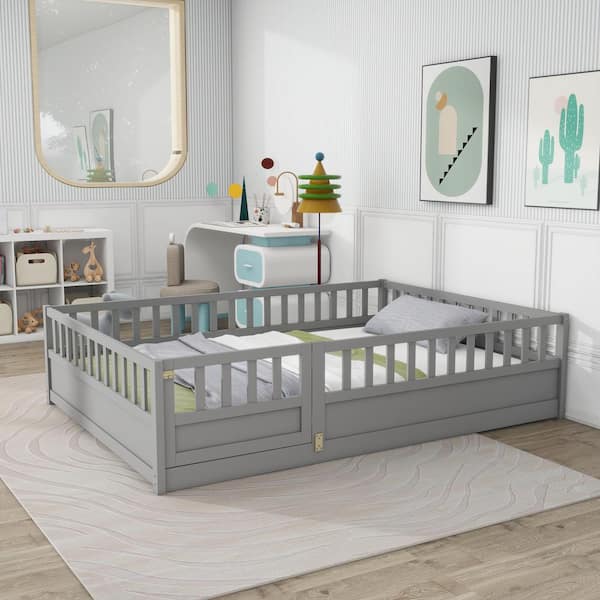 Harper & Bright Designs Gray Full Size Wood Frame Floor Bed, Platform ...