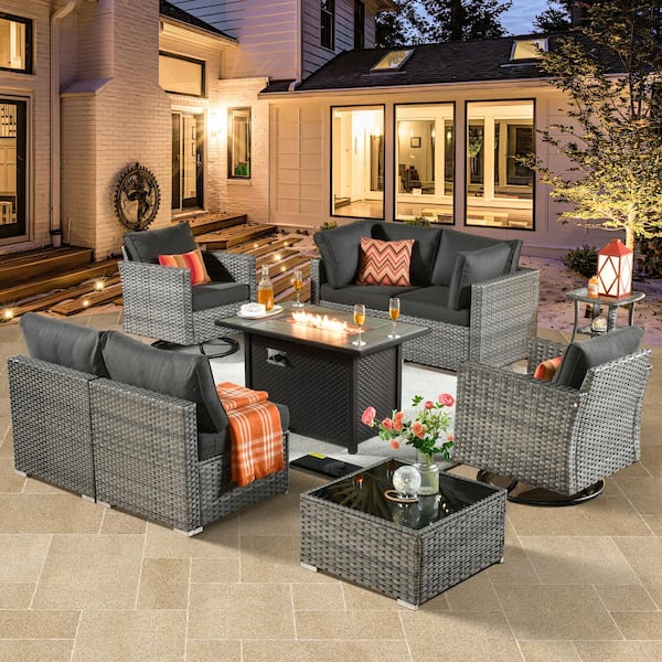 weaxty W Daffodil H Gray 9-Piece Wicker Patio Fire Pit Conversation Sofa Set with Swivel Rocking Chairs and Black Cushions