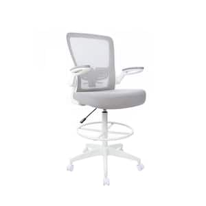Comfort Gray Fabric, Adjustable Lumbar Support, Ergonomic Drafting Chair in White with Padded Flip Up Arms.