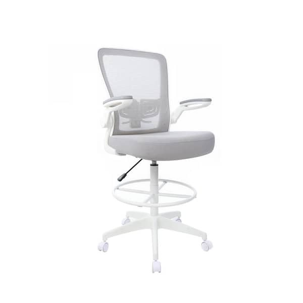 Comfort Gray Fabric, Adjustable Lumbar Support, Ergonomic Drafting Chair in White with Padded Flip Up Arms.