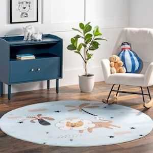 Jalissa Lion Dreams Machine Washable Kids Blue Multi 4 ft. Round Area Rug