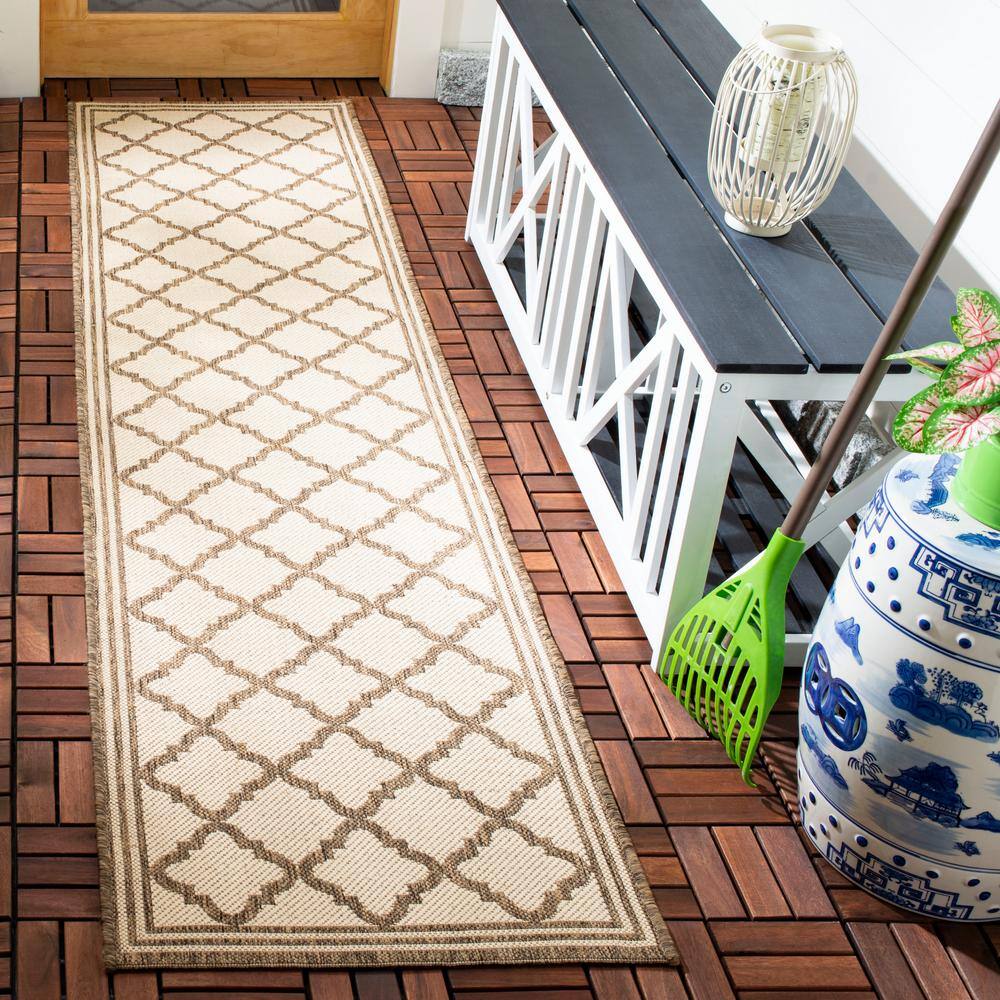 Cream and Beige Geometric Pattern Synthetic Runner Rug, 2'-2" x 6'