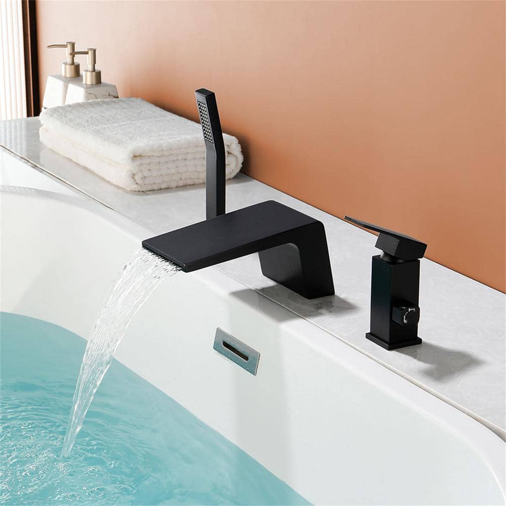 Matte Black Brass Waterfall Tub Faucet with Hand Shower