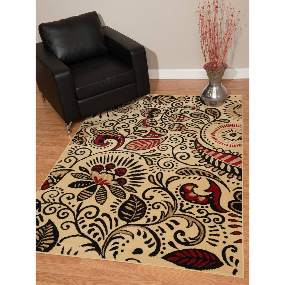Ivory and Black Synthetic Rectangular Area Rug, 8' x 11'