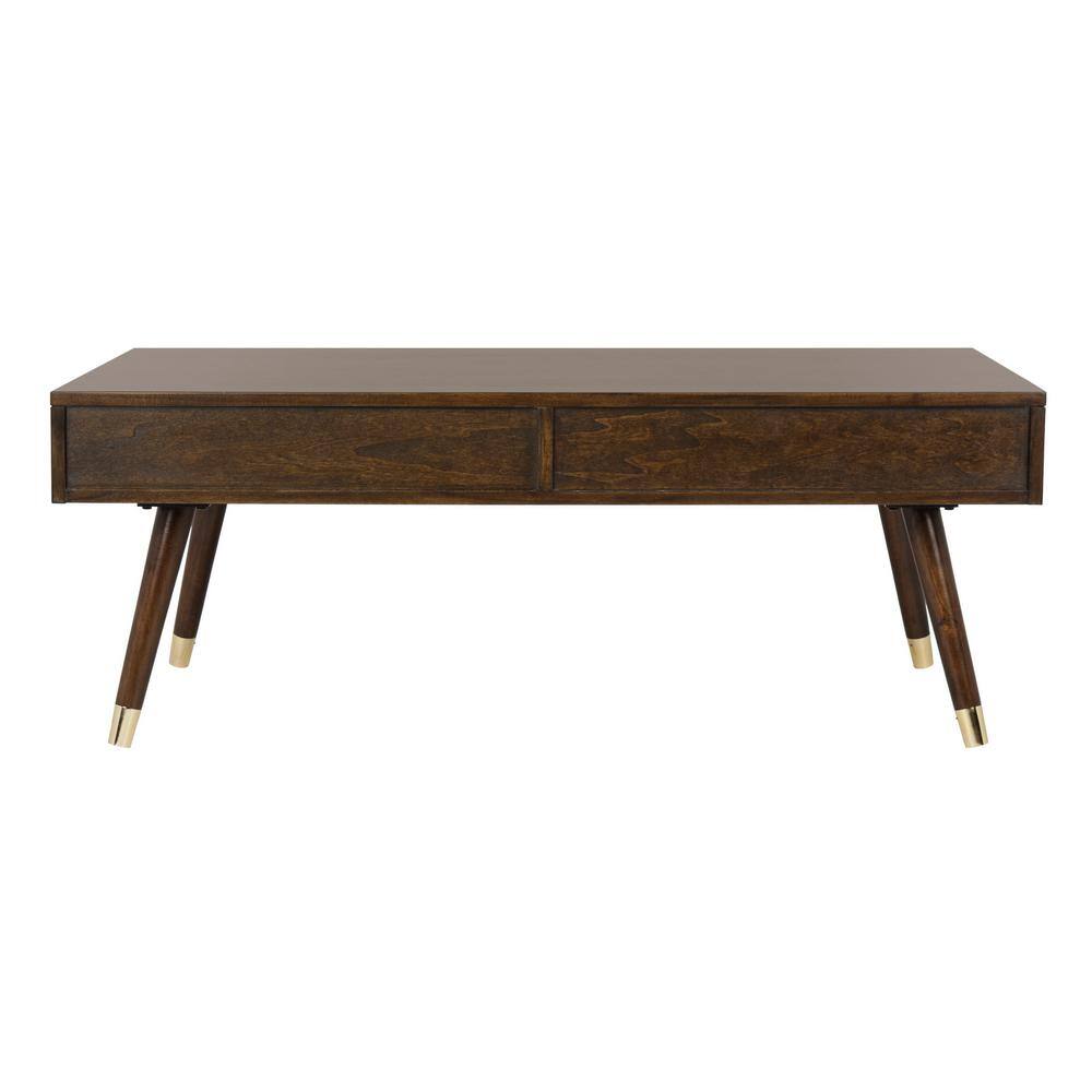 Transitional Mid-Century 48" Brown Wood Coffee Table with Gold Caps
