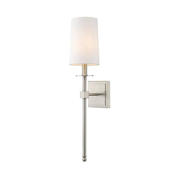 Satin Nickel Simple 1-Light Wall Sconce with White Fabric Shade UL Damp 